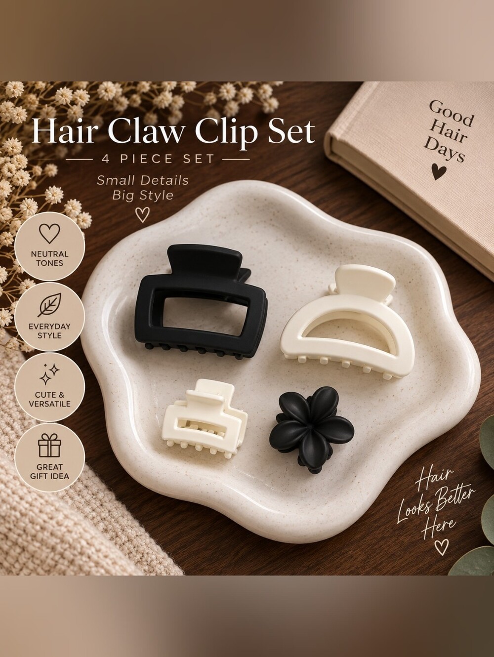 Classic Black & Cream Matte Neutral Hair Claw Clip Set - 4 Pack New
